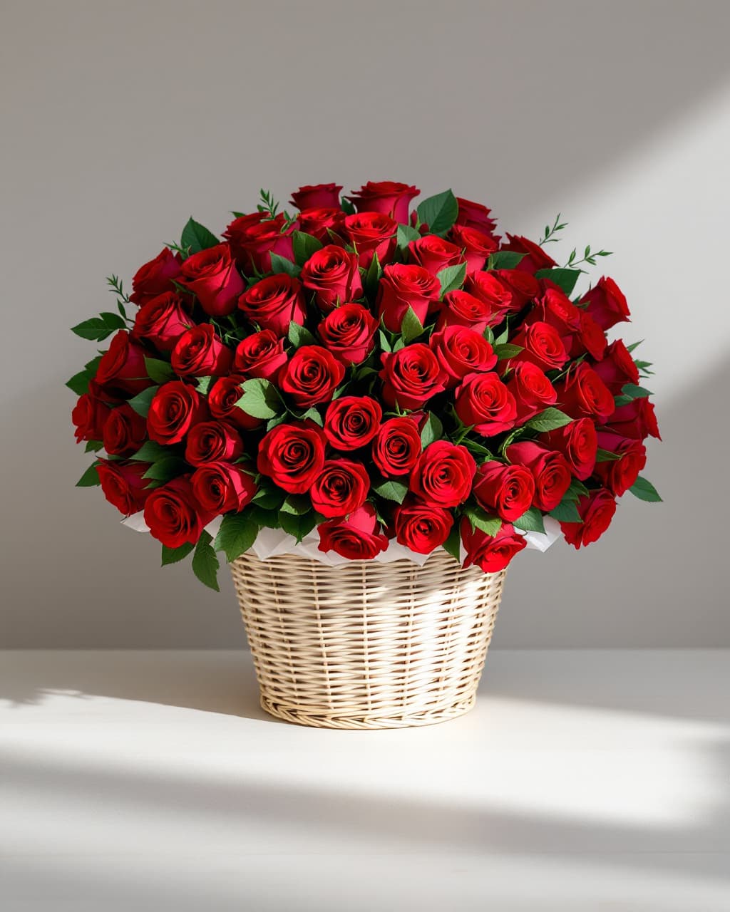 101 red roses in a basket