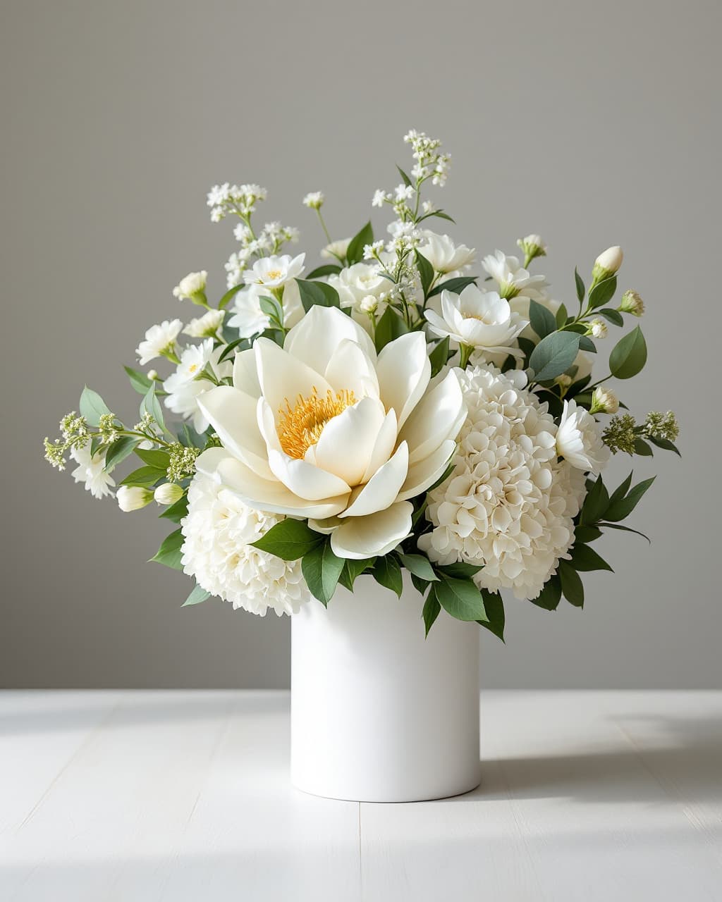 White designer mix — protea, hydrangea, ranunculus